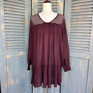 Free People Dolman Sleeve Lace Ruffle Tunic Dress Sz S Wine NWPT